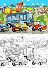 cartoon scene with happy cars on street going through the city - with police, fireman and ambulance vehicles - illustration for children