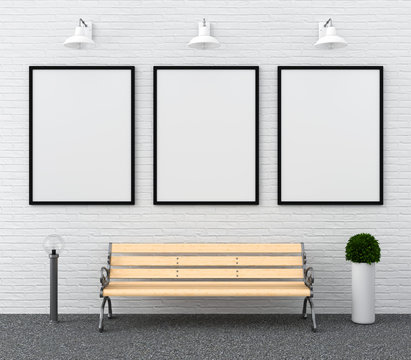 three blank photo frame for mockup on wall and bench, 3D rendering
