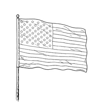 American flag drawing - vintage like illustration of flag of USA. Monochromatic contour on white background.