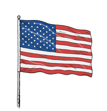 American flag drawing - vintage like colour illustration of flag of USA. Banner on white background.