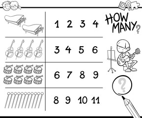 counting game with tools and objects for coloring