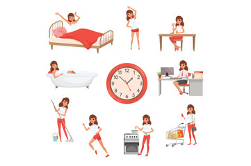 Cute young girl in different situations. Day time. Waking up, doing physical exercises, eating breakfast, taking bath, working, cleaning house, cooking and shopping. Flat vector