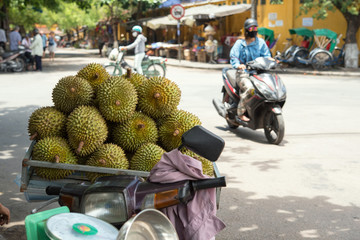 Motorbike with durian fruit for sale, Hoi An,...