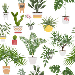 potted plants and flowers in different pots and planters. vector illustration in watercolor style. seamless pattern of their plants.