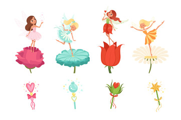 Set of little fairies hovering over beautiful flowers. Cartoon girls dressed in colorful dresses. Cute magical creatures with wings. Magic wands. Flat vector design