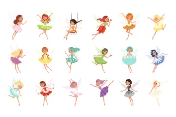 Fotobehang Colorful set of fairies in flying action. Little creatures with colorful hair and wings. Mythical fairy tale characters in cute dresses. Flat vector design © topvectors