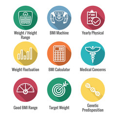 BMI - Body Mass Index Icon Set with BMI Machine, weight scale, etc