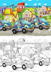 cartoon scene with happy cars on street going through the city  with police vehicles - illustration for children