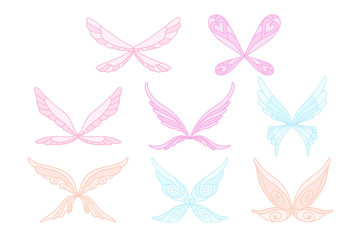 Vector collection of pink, blue and purple fairy s magic wings. Decorative elements for children s book, postcard, print design. Colorful flat vector icons