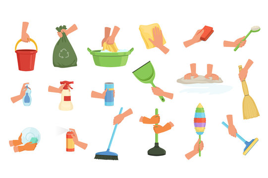Colorful set of human hands using rag, dust brush, mop, broom, scoop and plunger. Equipment for cleaning house or car. Cartoon flat vector design