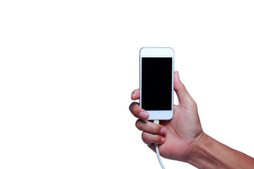 adult hand holding smart phone with electric  charger on white background isolated