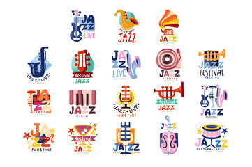 Logos set for jazz festival or live concert. Musical event labels or emblems with guitar, saxophone, retro gramophone, trumpet. Vector collection. - obrazy, fototapety, plakaty