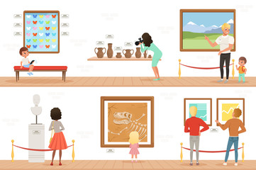Cartoon characters people visitors in art museum. Paintings, butterflies collection and sculptures in the gallery. Cultural activities concept. Vector vertical flat banners