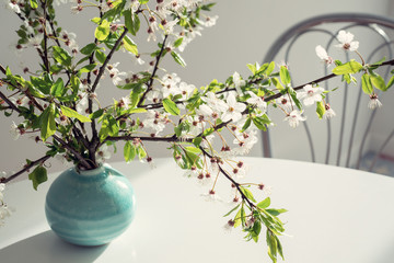 Branch of a flowering tree stands in a round turquoise vase