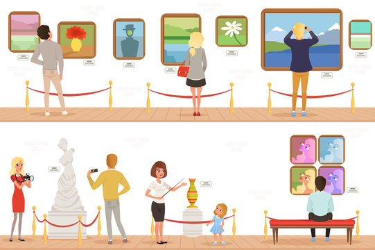 Cartoon characters people visitors in art museum. Paintings, butterflies collection and sculptures in the gallery. Cultural activities concept. Vector vertical flat banners