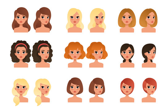 Collection of beautiful young girls with different hairstyles and colors shades long, short, medium, curly, blond, red, black, brunette. Flat vector avatars for mobile game