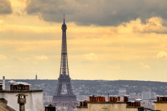 Paris spring cityscape with the Eiffel tower seen from Montmartre in the afternoon
