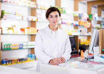 Fototapeta na wymiar Pharmacist ready to assist in choosing at counter