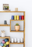 Colorful yarns and plants on wooden shelves in white interior. Real photo