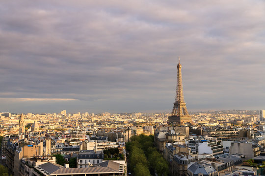 Beautiful skyline view of the Eiffel tower seen from the Arc de Triomphe in Paris, France
