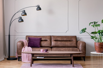 Black lamp next to leather settee in modern living room interior with table and plant. Real photo