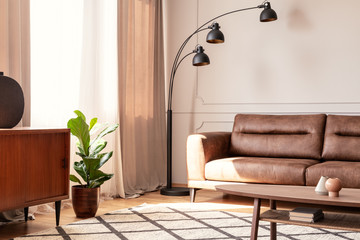 Black lamp next to leather sofa in retro living room interior with plant next to cupboard. Real photo