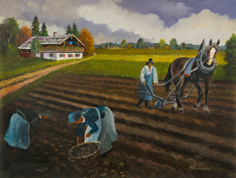 Bauer mit Pferd bei der Arbeit auf einem Feld