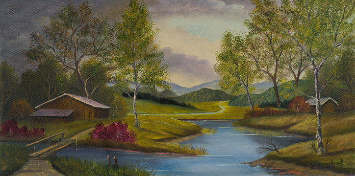 H&uuml;gelige Landschaft mit Scheunen und einem Flu&szlig;