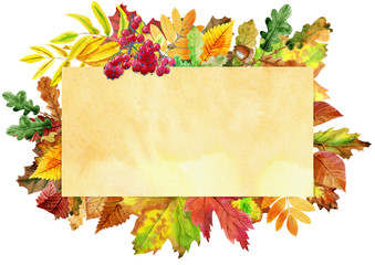 Naklejka na ściany i meble Beige banner with colorful falling autumn leaves