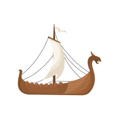 Viking scandinavian draccar with hite sails, Norman ship sailing vector Illustration on a white background