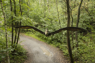The flying pteranodon between the trees and the rocky path beneath it. © lapis2380