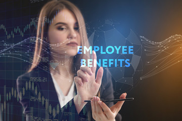 The concept of business, technology, the Internet and the network. A young entrepreneur working on a virtual screen of the future and sees the inscription: Employee benefits