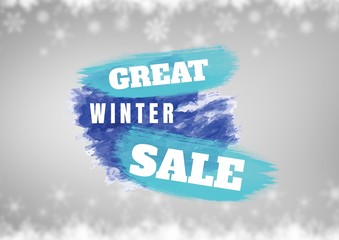 Winter Sale Text on painted shapes colored in blue and grey
