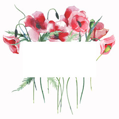 Wonderful lovely bright summer autumn herbal floral red poppies flowers with green leaves card watercolor hand illustration. Perfect for greetings card, textile, wallpapers, banners