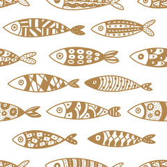 Line seamless pattern with cute gold fish. Sea background. Seamless pattern can be used for wallpaper, pattern fills, web page background, surface textures.