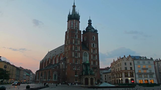 St. Mary's Basilica in old Krakow, evening time lapse