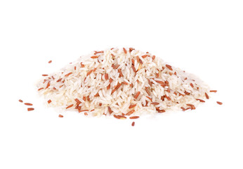 pile of Thai red and white Jasmine rice on white background
