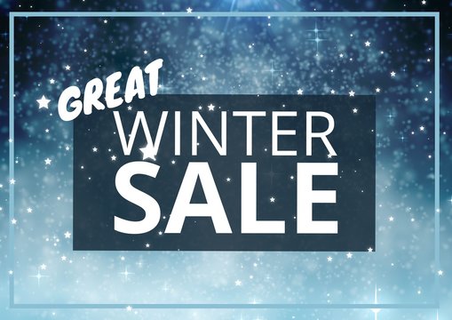Winter Sale Text on blue rectangle and snowflakes in background