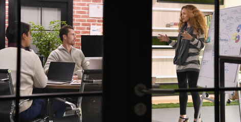 Young businesswoman giving presentation on future plans to his colleagues at office