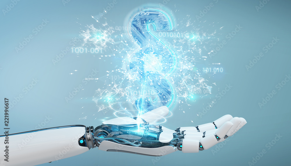 Poster cyborg judge using 3d rendering digital paragraph law symbol