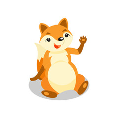 Cute little fox sitting on the floor and waving his paw, funny pup cartoon character vector Illustration on a white background