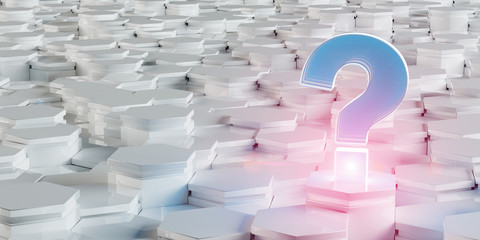 Obraz premium White blue pink question icon on hexagons background 3D rendering