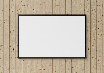 Black rectangular horizontal frame hanging on a white wall mockup 3D rendering