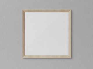 Wooden squared frame hanging on a white wall mockup 3D rendering