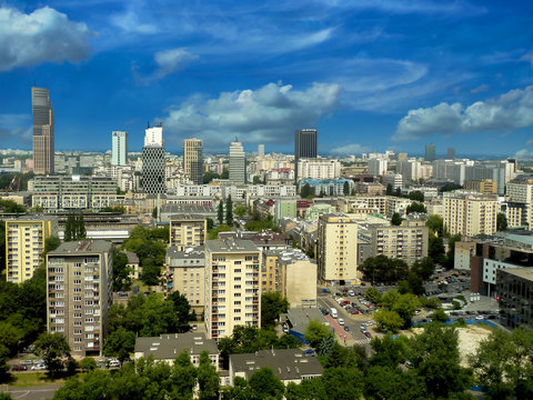 Fototapeta Panorama of Warsaw - view of the center with blue sky and white clouds