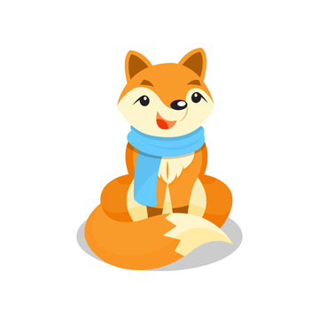 Cute little fox wearing blue scarf, funny pup cartoon character vector Illustration on a white background
