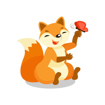 Cute little fox playing with butterfly, funny pup cartoon character vector Illustration on a white background
