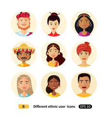 Multicultural national ethnic people cartoon avatars icons set