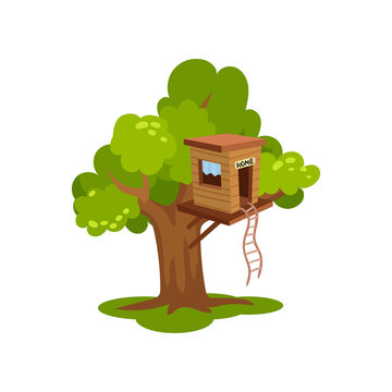 Treehouse, Wooden House On Tree For Kids Outdoor Activity Vector Illustration On A White Background