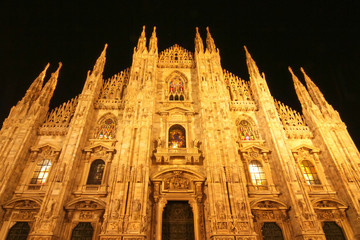 View on the Cathedral church of Milan, Italy at night.
